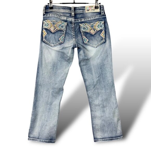 Grace In LA Capri Jeans Womens Sz 26 Blue Embroidered Pockets Distressed Denim - Picture 7 of 13